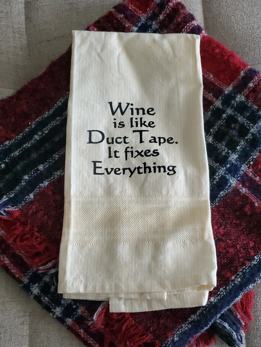 Neutral Cream Kitchen Tea Towel with Funny Wine Quote